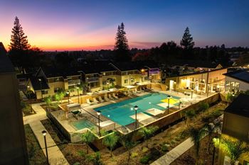Swimming pool with cabana lounges